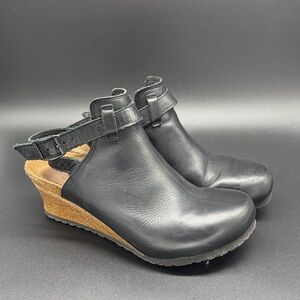 Birkenstock Papillio Esra Black Leather Wedge Slingback Clogs